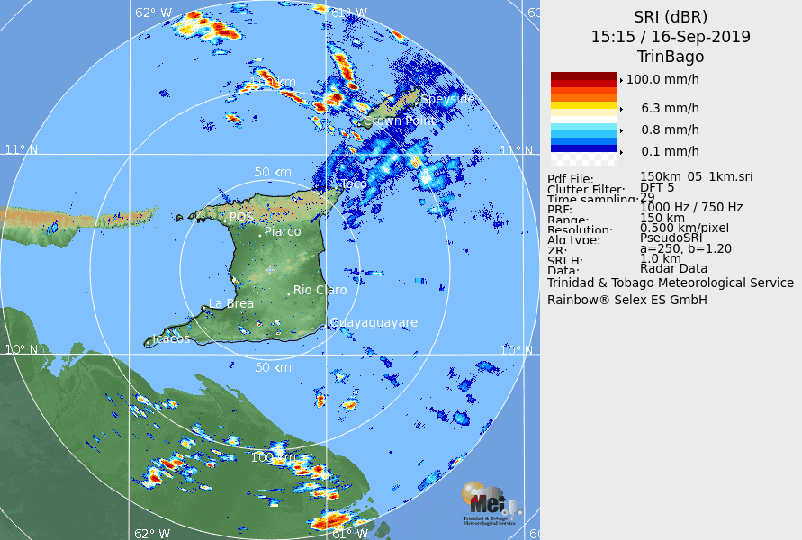 11:15 AM to 2:00 PM Monday, September 16th, 2019 Radar Imagery showing the supercell thunderstorm that produced the 2019 Cunupia Tornado between 1:25 PM and 1:45 PM. Imagery: Trinidad and Tobago Meteorological Service.