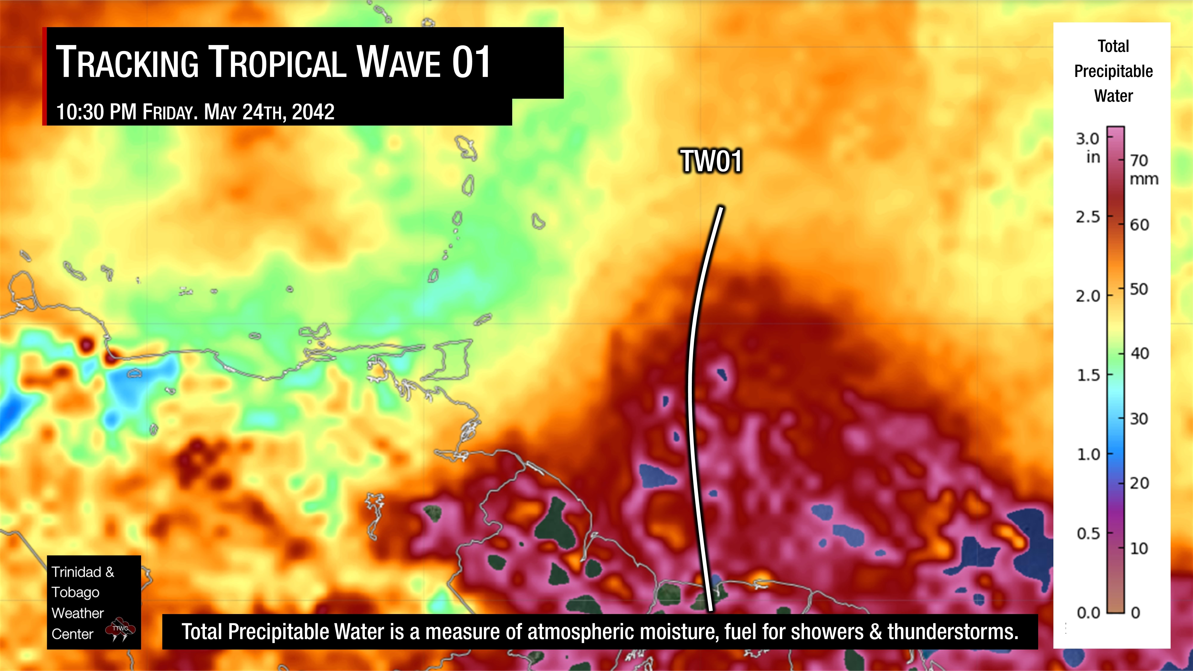 Locations of Tropical Wave 01 on Friday, May 24th, 2024, east of Trinidad and Tobago