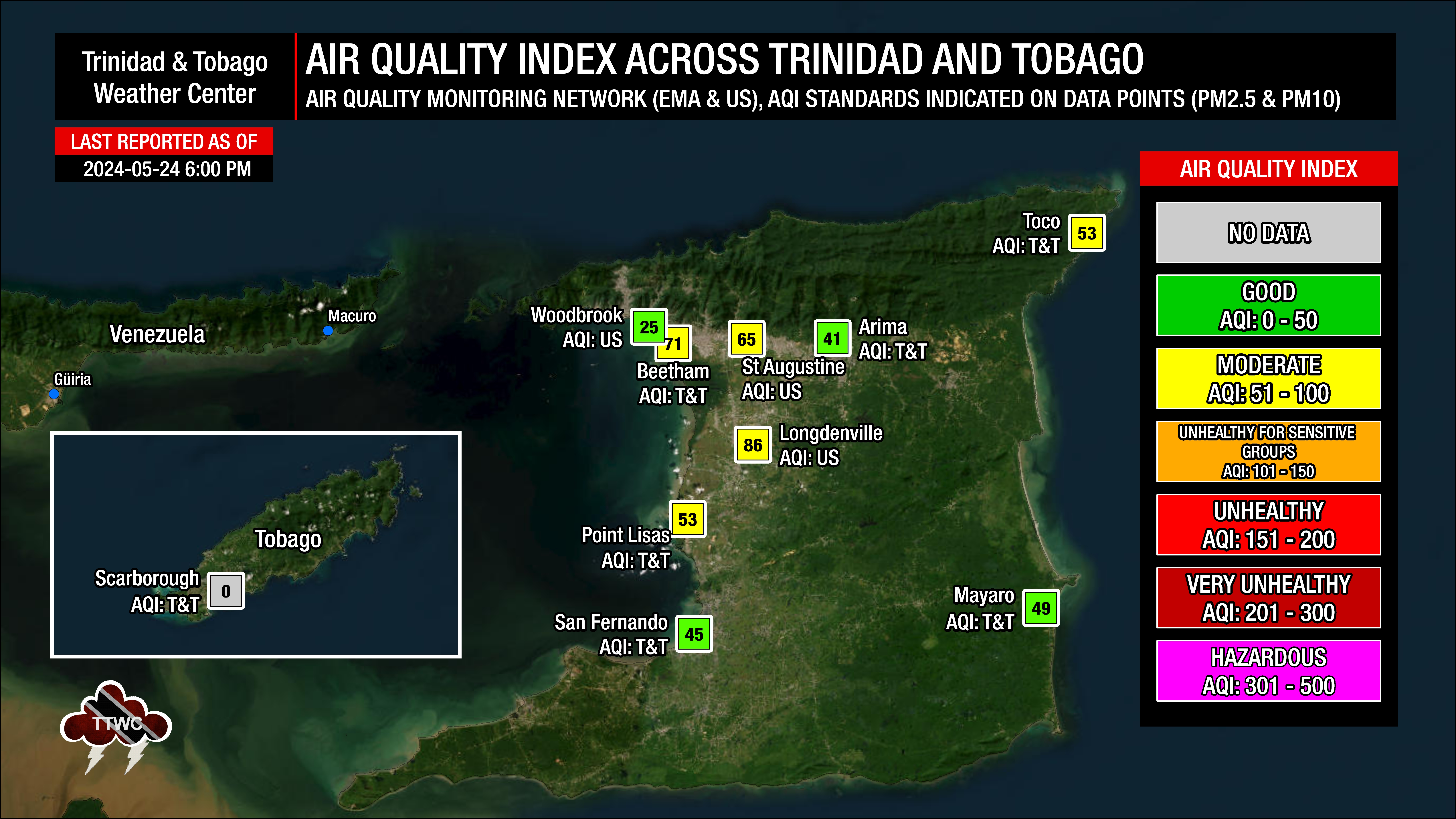 Air quality levels across Trinidad and Tobago as of 6:00 PM Friday, May 25th, 2024.