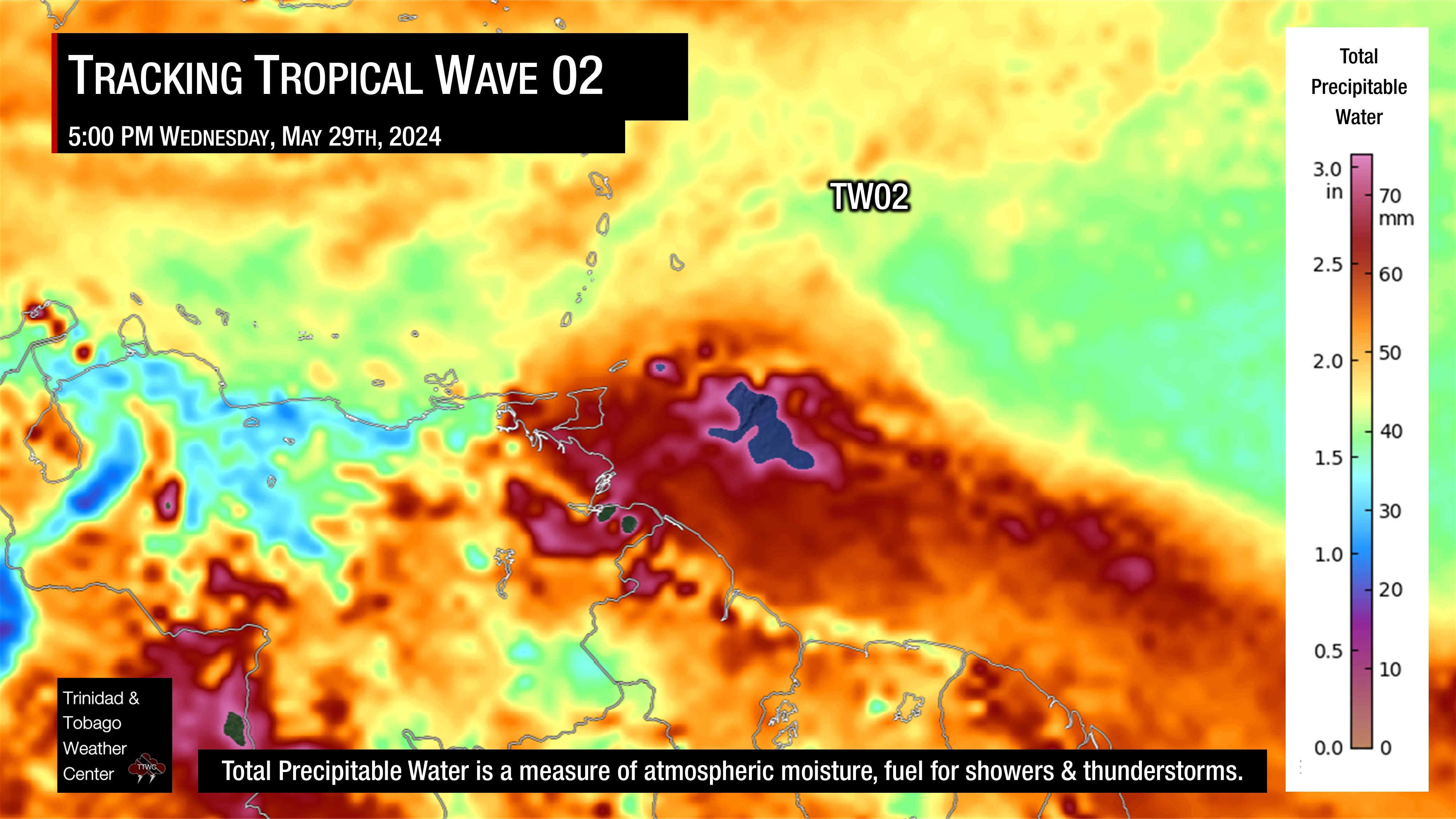 Location of Tropical Wave 02 on Wednesday, May 29th, 2024, east of Trinidad and Tobago
