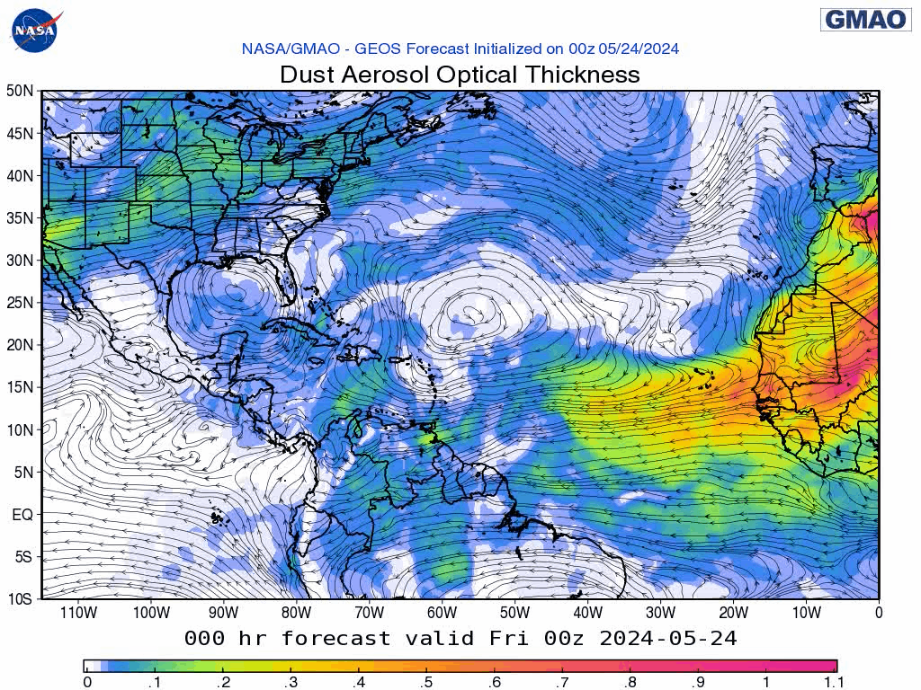 00Z Friday, May 25th, 2024, NASA GEOS-5 Dust Extinction Monitoring Tropical Atlantic Dust Aerosol Optical Depth showing Saharan Dust.