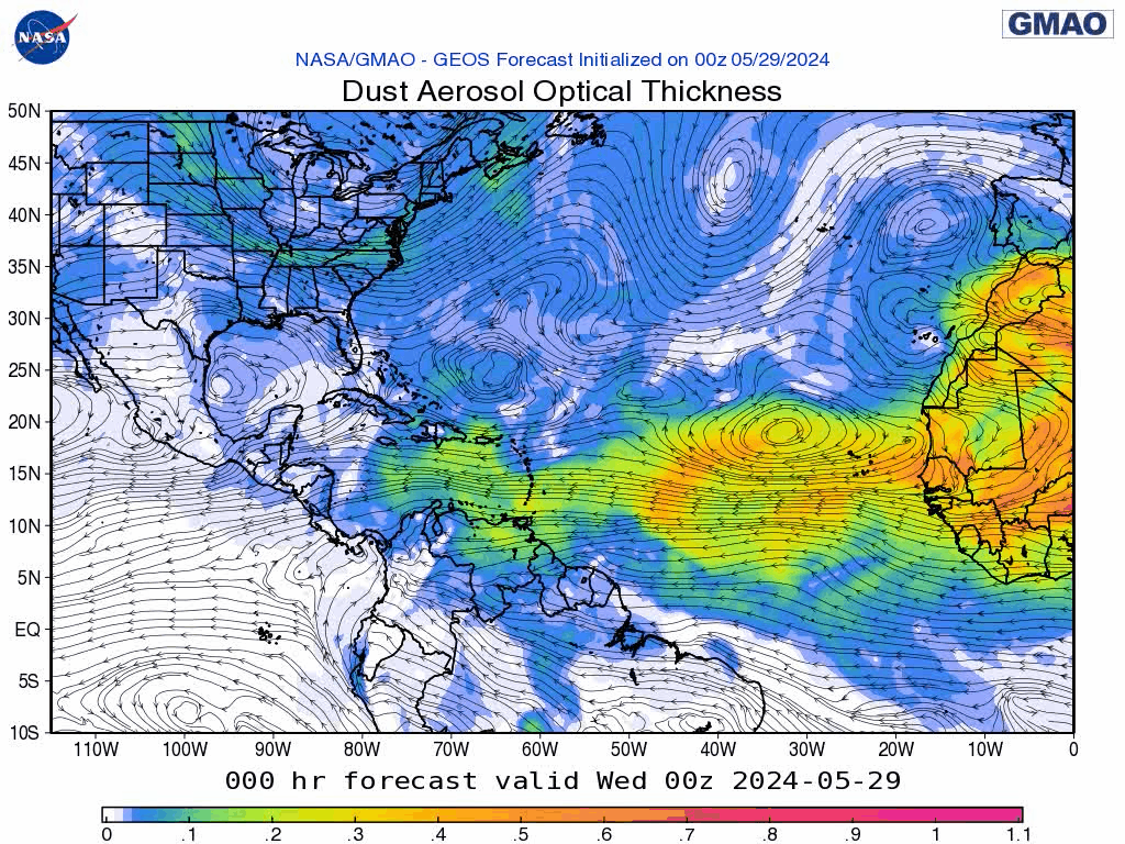 00Z Wednesday, May 30th, 2024, NASA GEOS-5 Dust Extinction Monitoring Tropical Atlantic Dust Aerosol Optical Depth showing Saharan Dust.