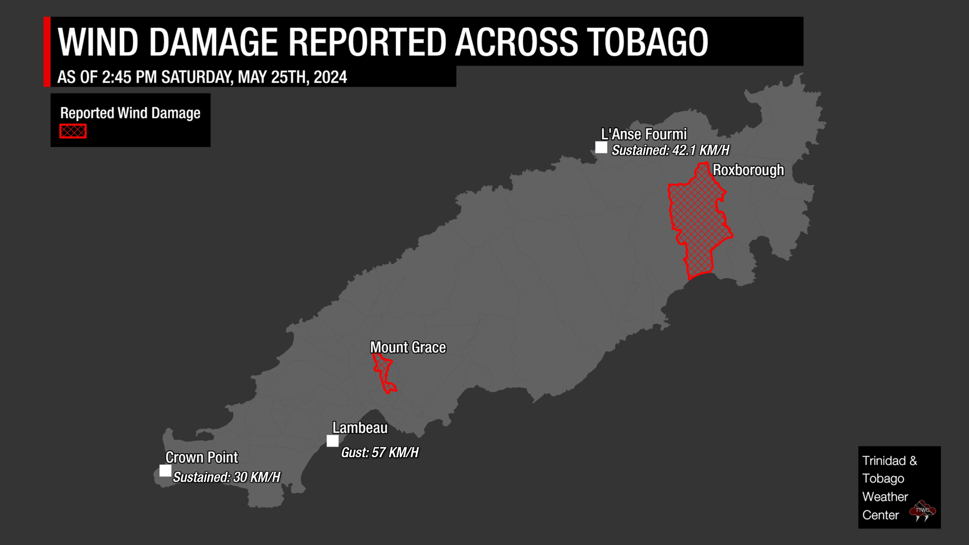 Location of wind damage reports across Tobago, with recorded wind gusts as of 2:45 PM Saturday, May 25th, 2024.