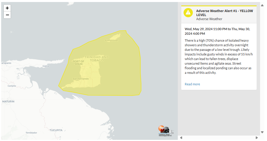 Adverse Weather Alert information from the Trinidad and Tobago Meteorological Service
