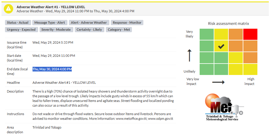 Adverse Weather Alert information from the Trinidad and Tobago Meteorological Service