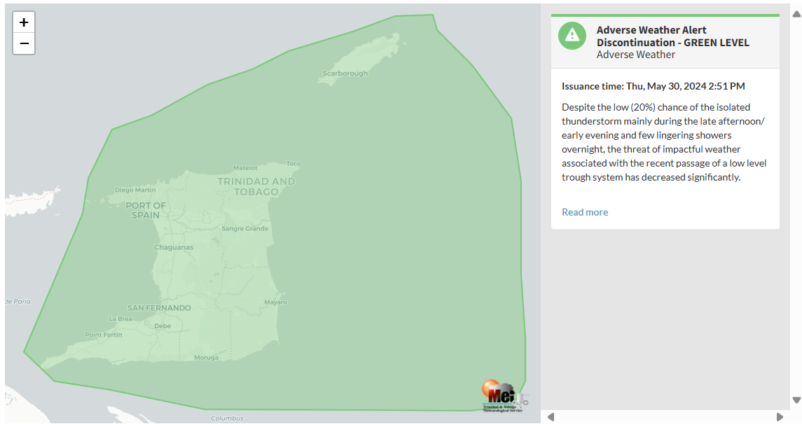 Adverse Weather Alert information from the Trinidad and Tobago Meteorological Service