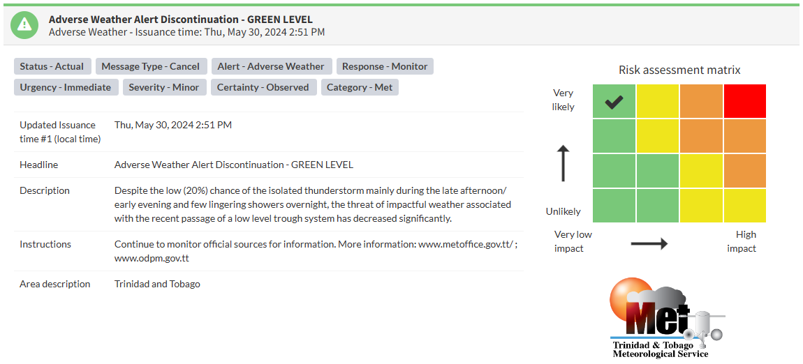 Adverse Weather Alert information from the Trinidad and Tobago Meteorological Service