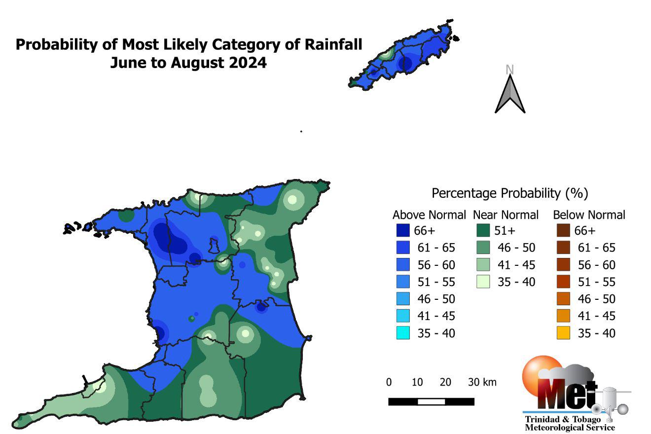 The category of rainfall likely for the first half of the 2024 Wet Season with the highest chance of occurrence expressed as probabilities and is color-coded on the map. Blues indicate that it is more likely for above-normal rainfall to occur than for below-normal or near-normal. Browns indicate it is more likely for below-normal rainfall, while greens indicate it is more likely for near-normal rainfall. Normal is defined by the rainfall that was observed in the middle one-third of the June-December period rainfall totals during the historical period used to produce the outlook. (Trinidad and Tobago Meteorological Service)