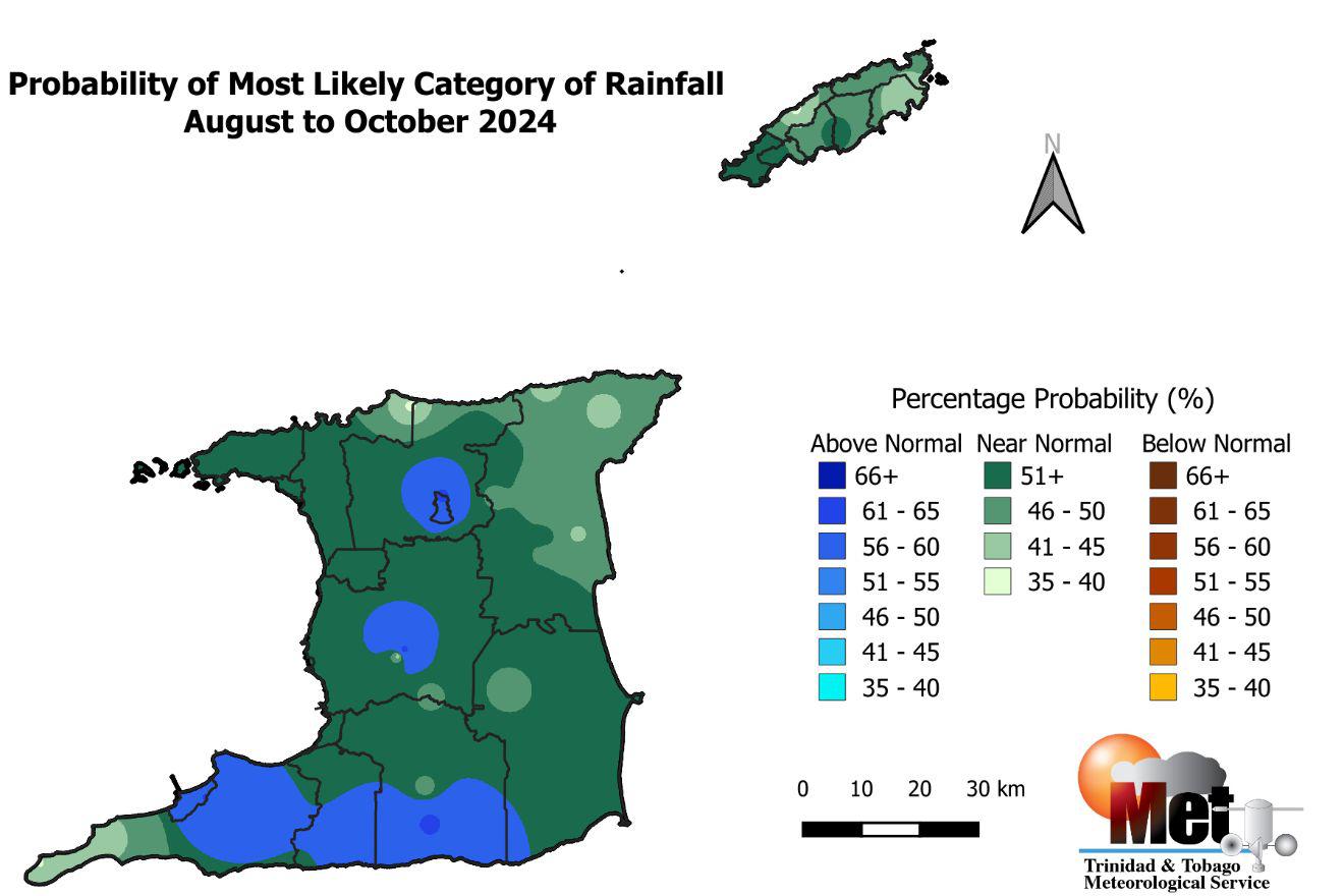 The category of rainfall likely for the middle 2024 Wet Season with the highest chance of occurrence expressed as probabilities and is color-coded on the map. Blues indicate that it is more likely for above-normal rainfall to occur than for below-normal or near-normal. Browns indicate it is more likely for below-normal rainfall, while greens indicate it is more likely for near-normal rainfall. Normal is defined by the rainfall that was observed in the middle one-third of the June-December period rainfall totals during the historical period used to produce the outlook. (Trinidad and Tobago Meteorological Service)