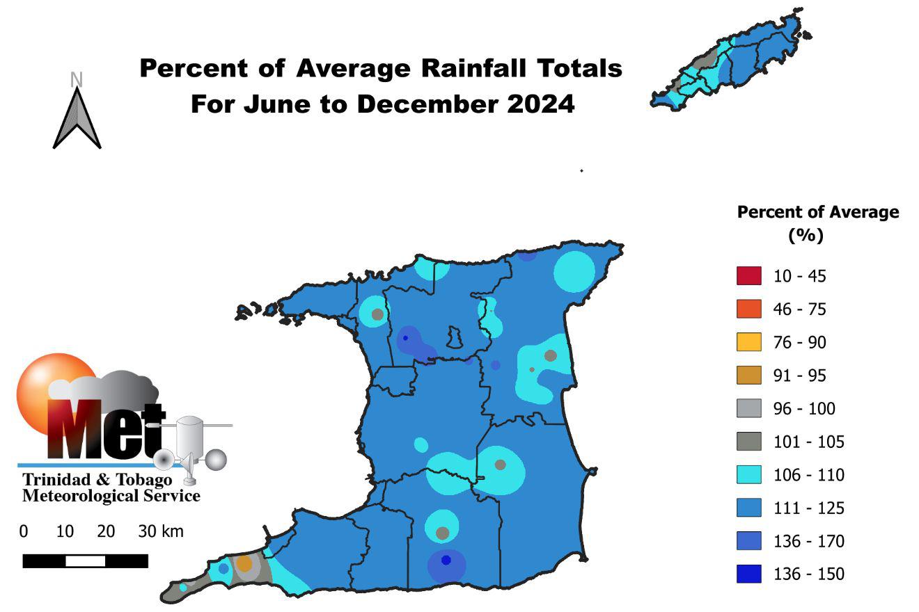 Percentage of average rainfall totals likely for the 2024 Wet Season (Trinidad and Tobago Meteorological Service)