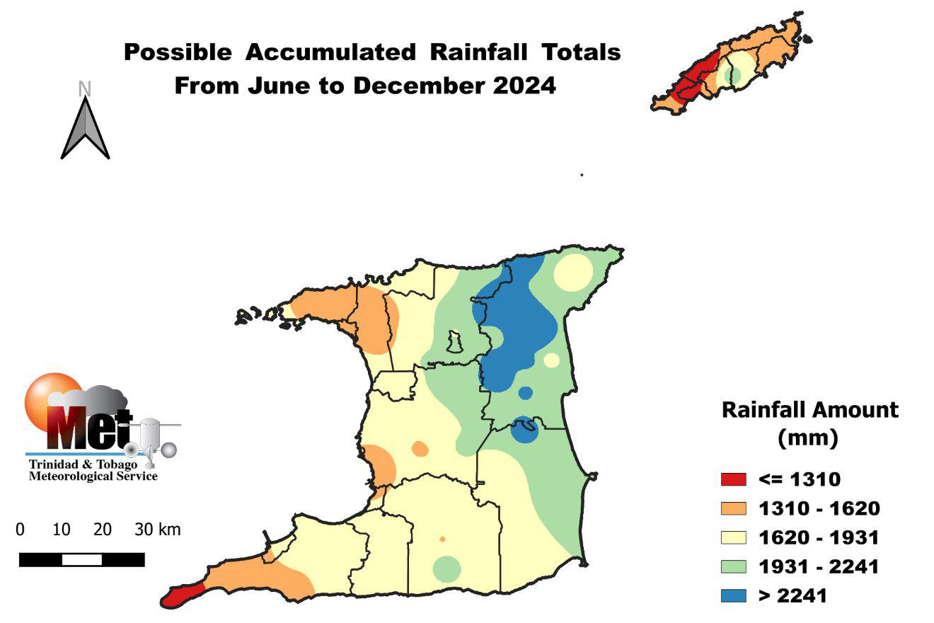 Possible accumulated rainfall totals with the highest chance of occurring during the 2024 Wet Season. (Trinidad and Tobago Meteorological Service)