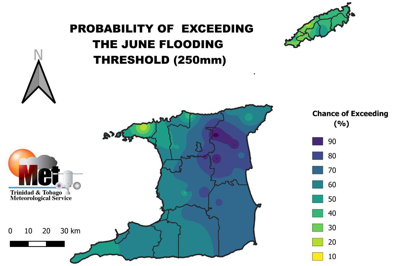 Chance of exceeding 250 mm of rainfall during June 2024. (Trinidad and Tobago Meteorological Service)