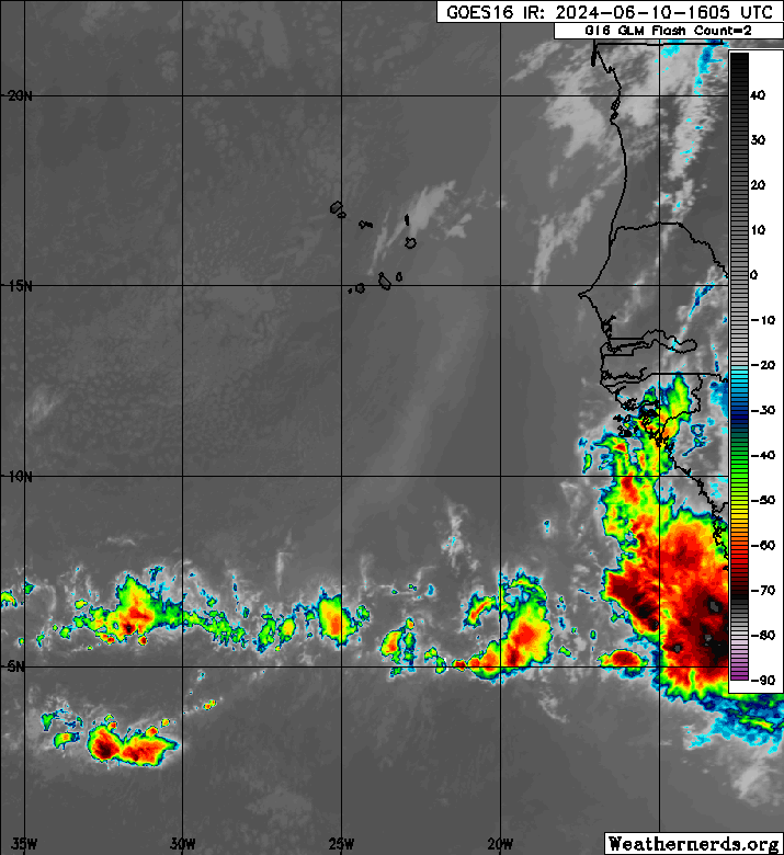 Infrared satellite imagery showing Tropical Wave 08 in the far eastern Atlantic Ocean.