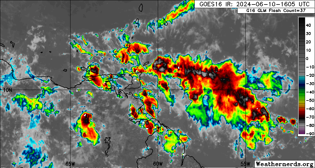 Tropical Wave 07 is approaching Trinidad and Tobago on Monday, June 10th, 2024, embedded within the Intertropical Convergence Zone, producing scattered showers and thunderstorms with widespread cloudiness.