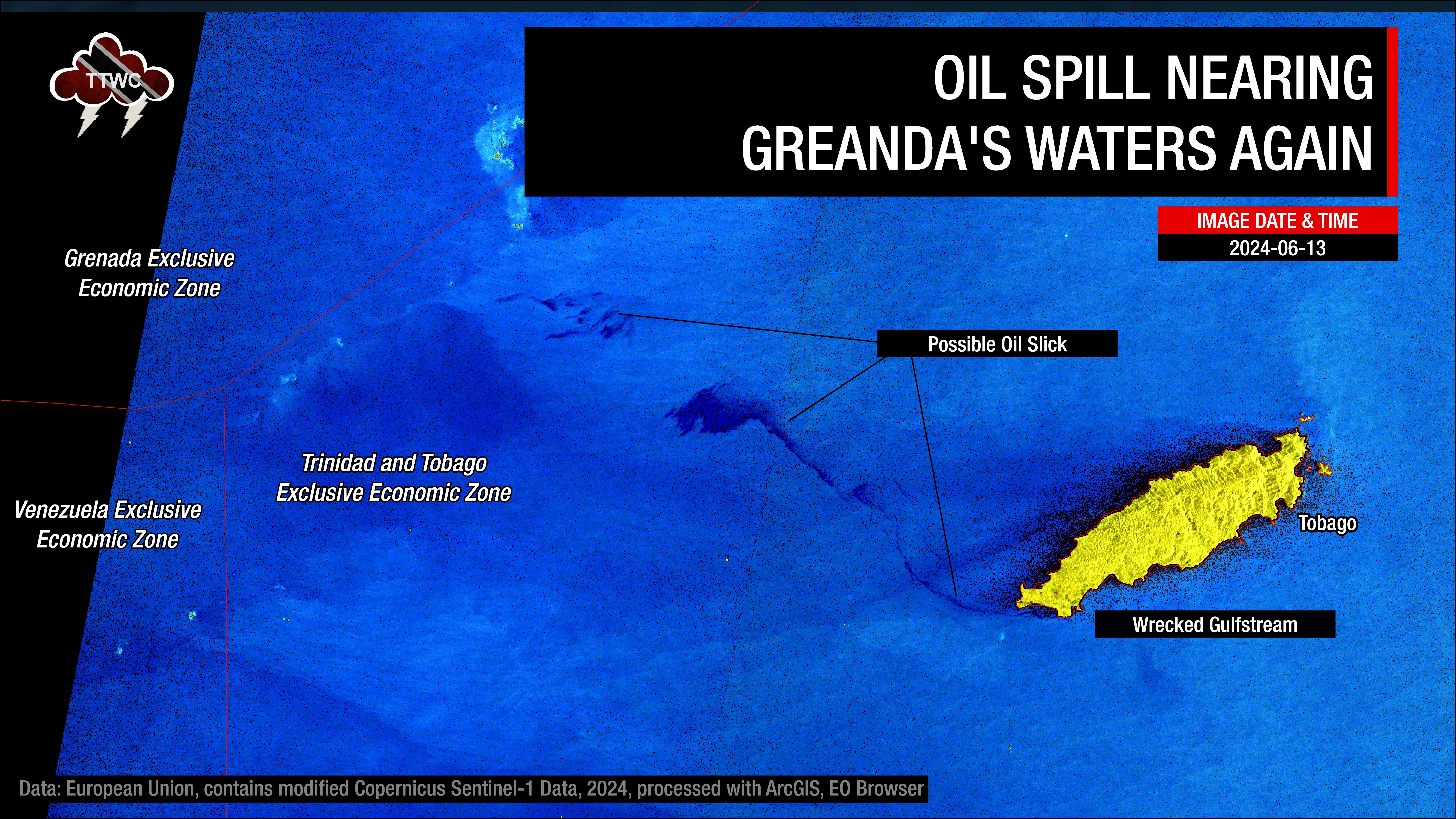 Sentinel-1 data captured on June 13th, 2024 showing the possible oil slick extending west of Tobago toward Grenada's marine area of responsibility.