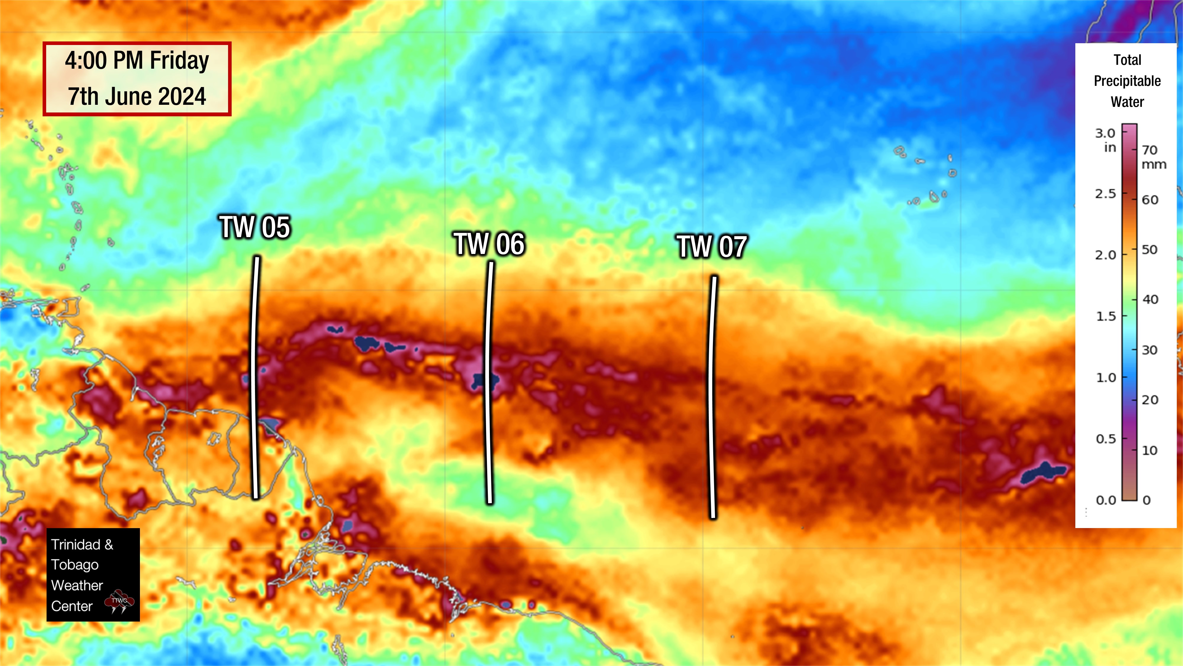
Locations of the three closest tropical waves to Trinidad and Tobago on Friday, June 7th, 2024 as seen on total precipitable water imagery, a measure of atmospheric moisture.
