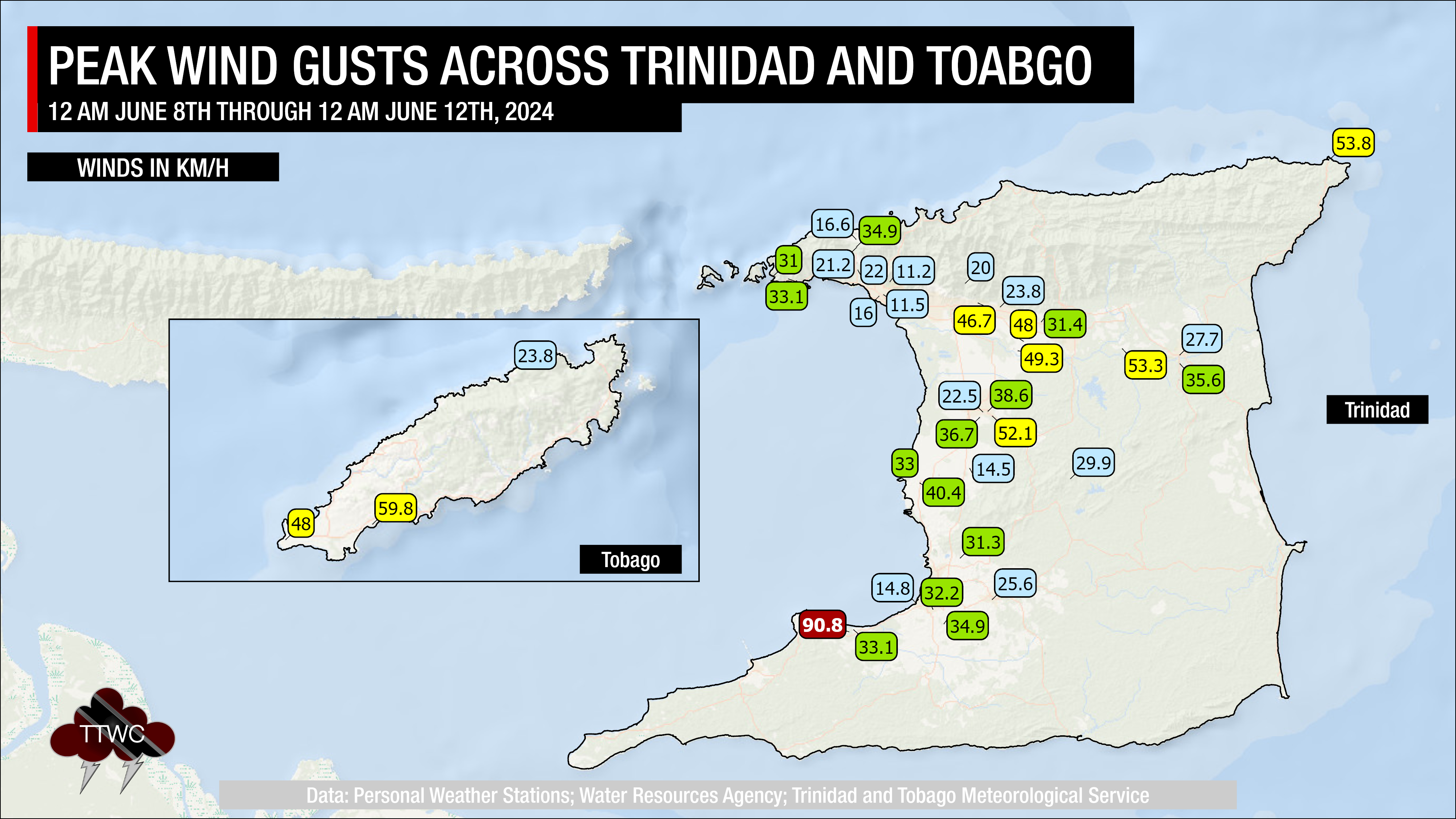 Peak wind gusts associated with Tropical Waves 05 to 07, as well as the ITCZ. Data is based on publicly reporting weather stations during the four-day period. Note that peak gusts generally occurred on June 10th, one day before the TTMS' Adverse Weather Alert was issued.