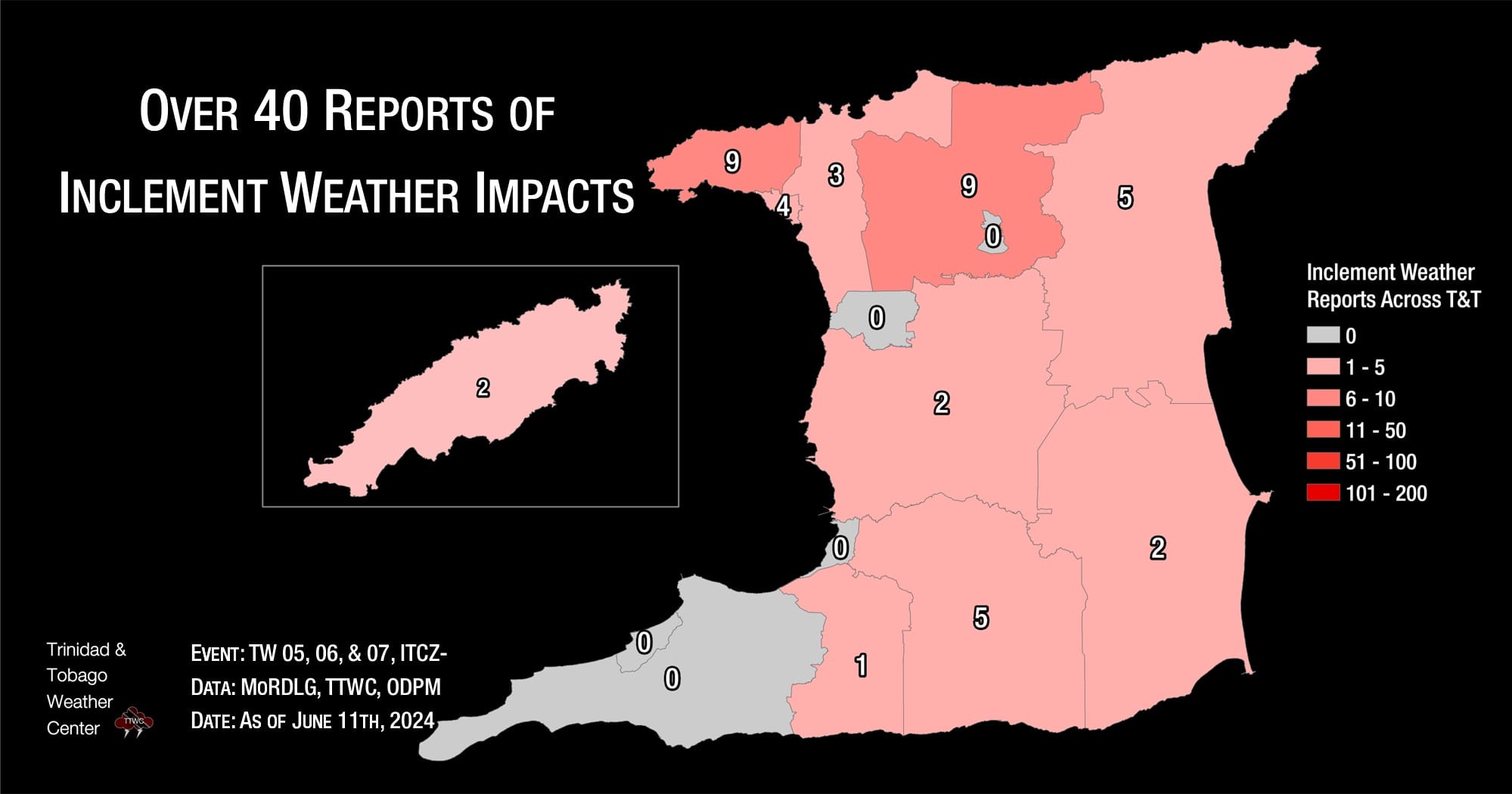 Inclement weather reports across the country associated with back-to-back tropical waves and the Intertropical Convergence Zone between June 8th and 11th, 2024