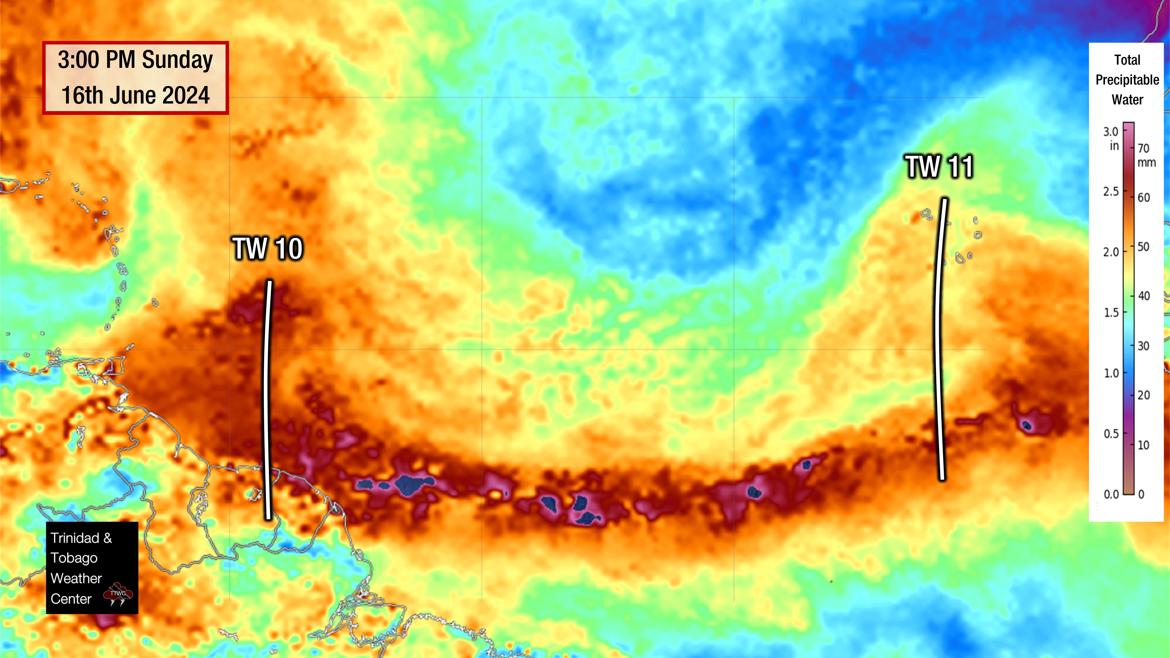 The locations of the tropical waves east of Trinidad and Tobago on Sunday, June 16th, 2024, as seen on total precipitable water imagery, a measure of atmospheric moisture.