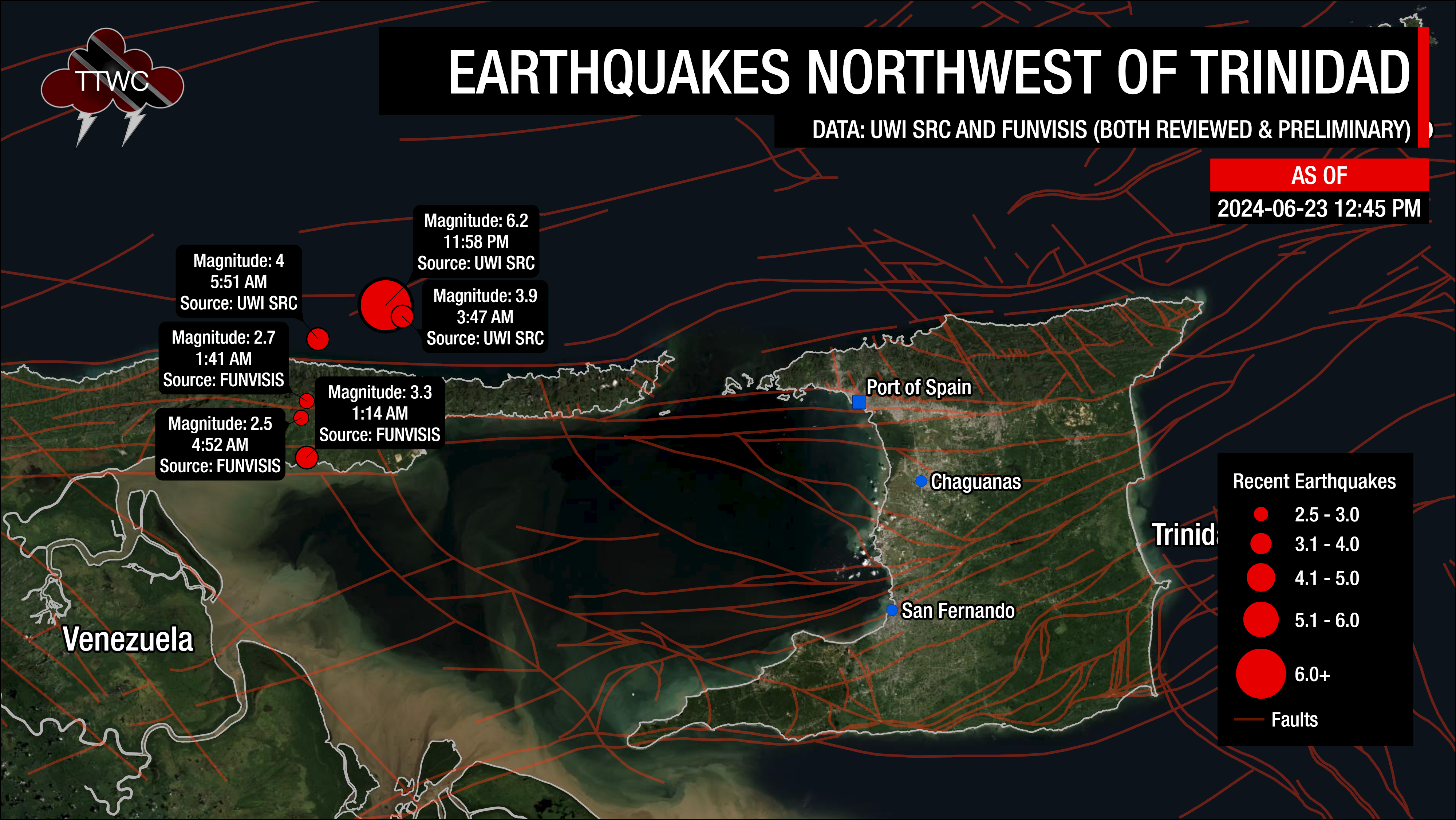 Recorded aftershocks northwest of Trinidad following Saturday night's M6.2 earthquake.
