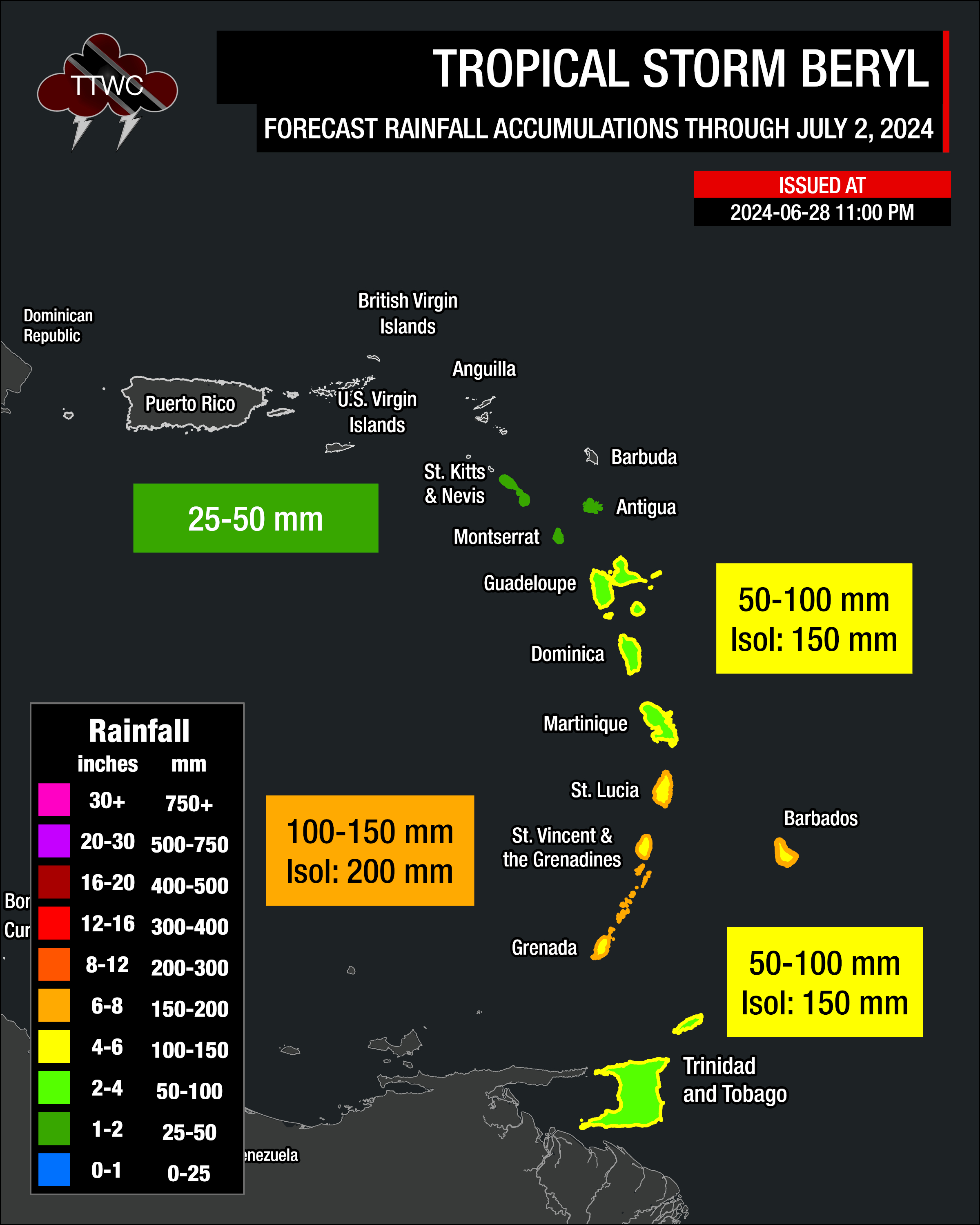 Forecast rainfall accumulations from the eventual system associated with Tropical Storm Beryl through Tuesday, July 2nd, 2024.