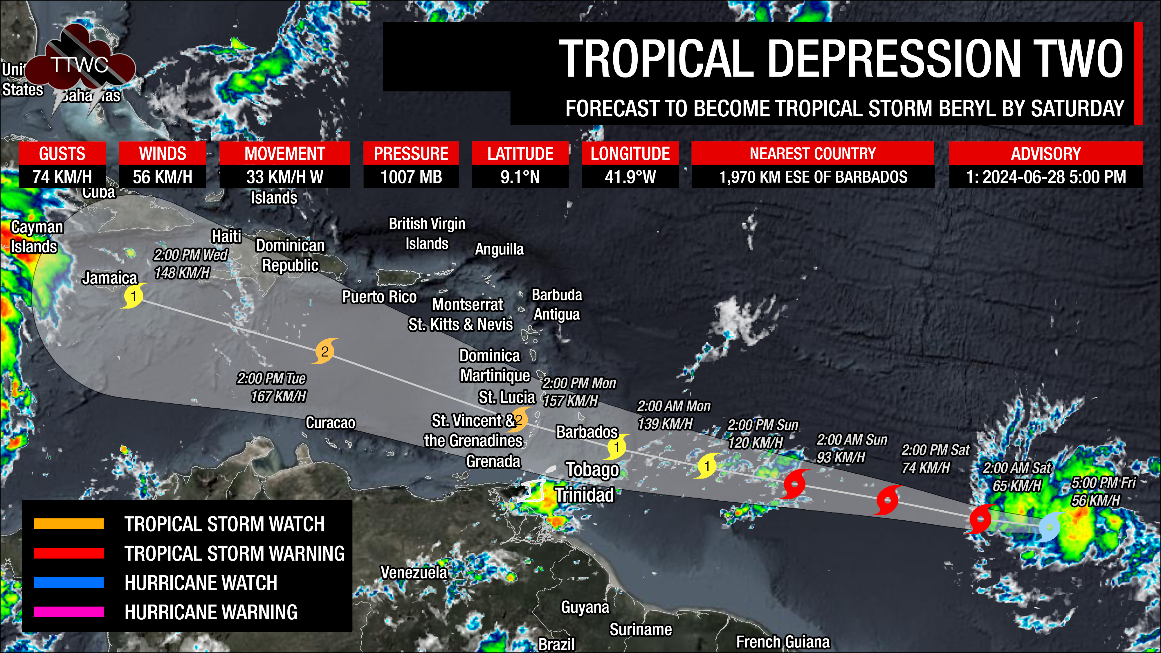 Latest cone of uncertainty from the National Hurricane Center for Tropical Depression Two as of 5:00 PM Friday, June 28th, 2024.