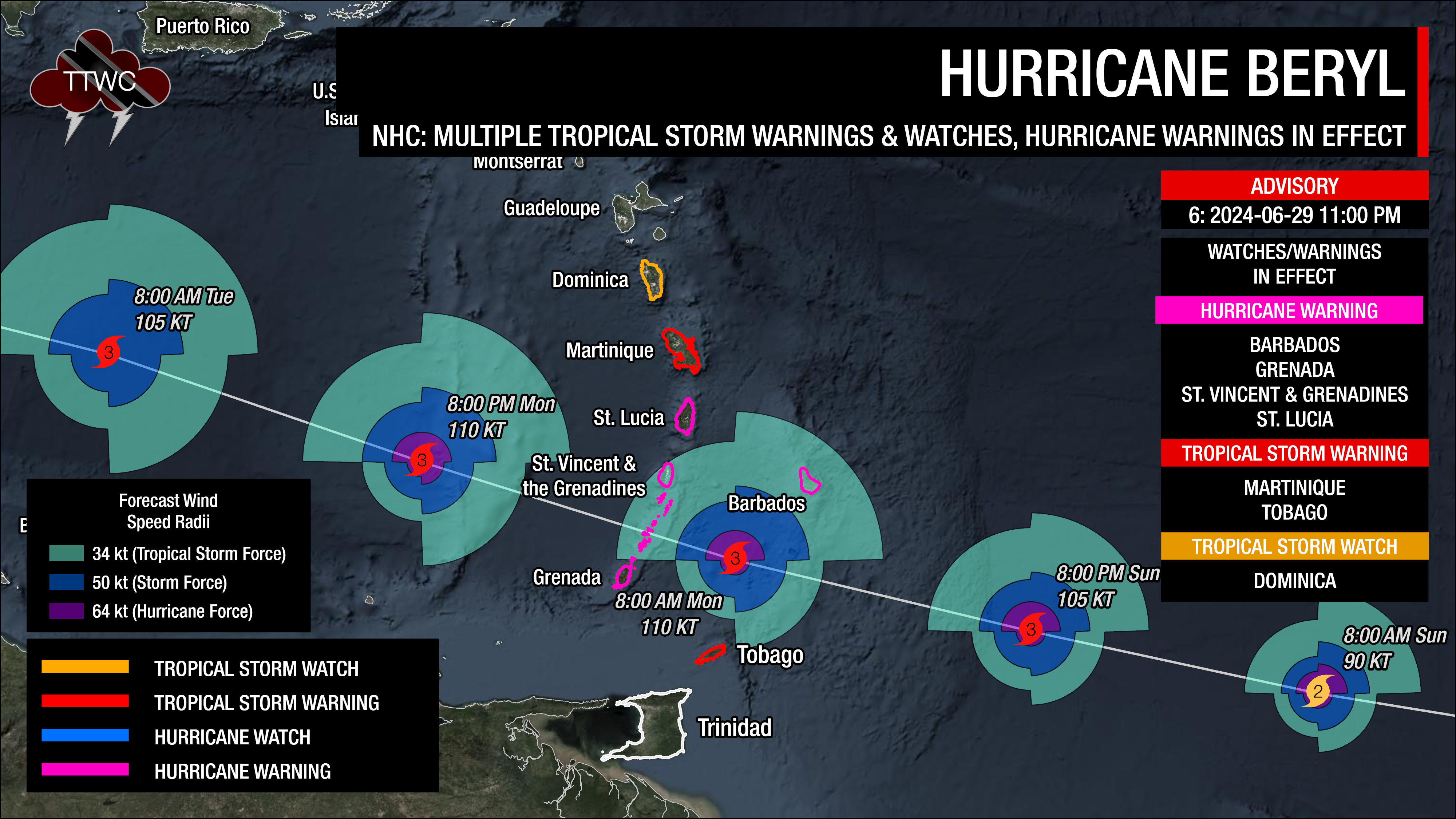 Latest tropical storm and hurricane watches and warnings for the Windward Islands due to Hurricane Beryl as of 11:00 PM Saturday, June 29th, 2024.