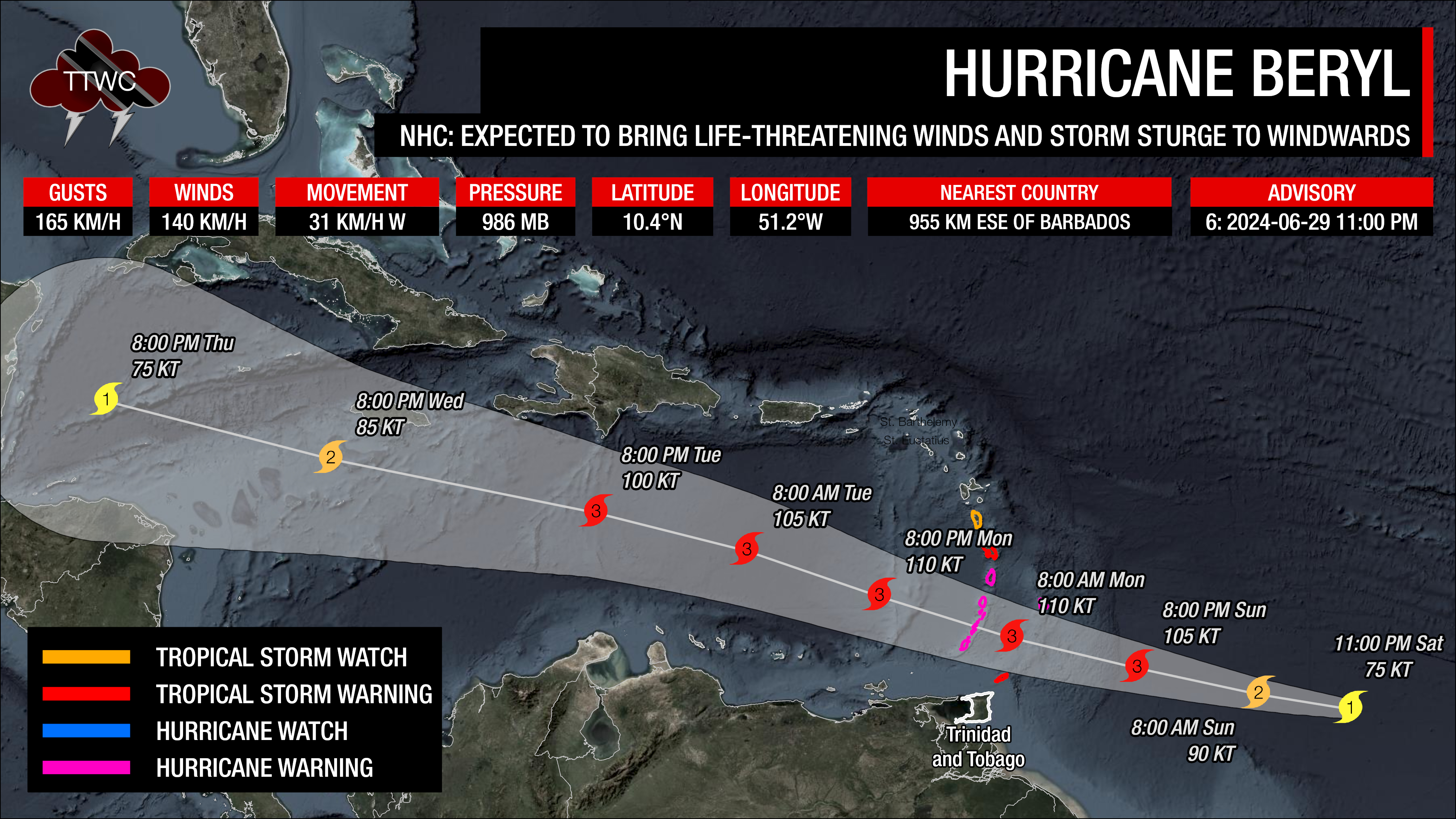 Latest cone of uncertainty from the National Hurricane Center for Hurricane Beryl as of 11:00 PM Saturday, June 29th, 2024.