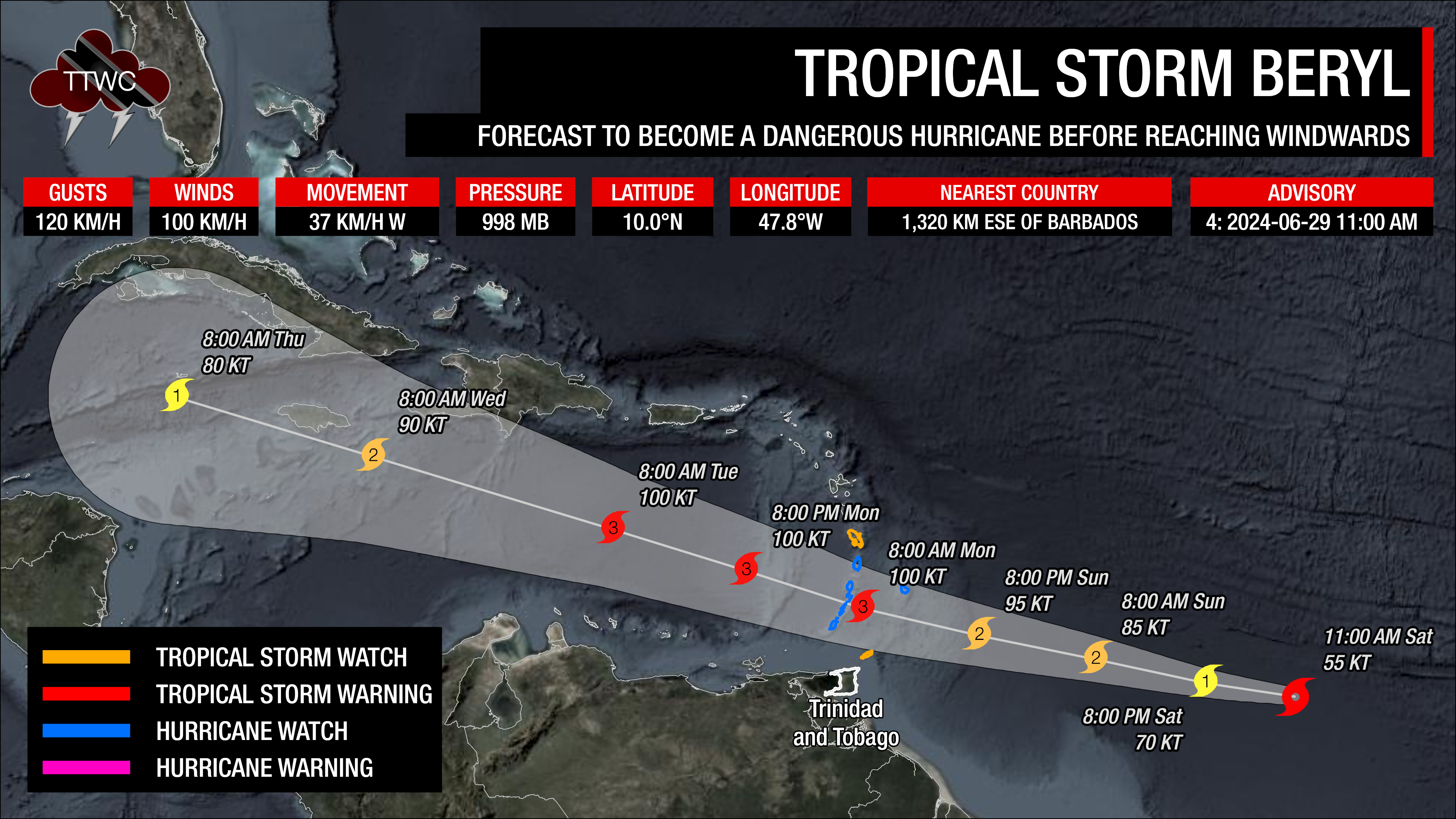 Latest cone of uncertainty from the National Hurricane Center for Tropical Storm Beryl as of 11:00 AM Saturday, June 29th, 2024.