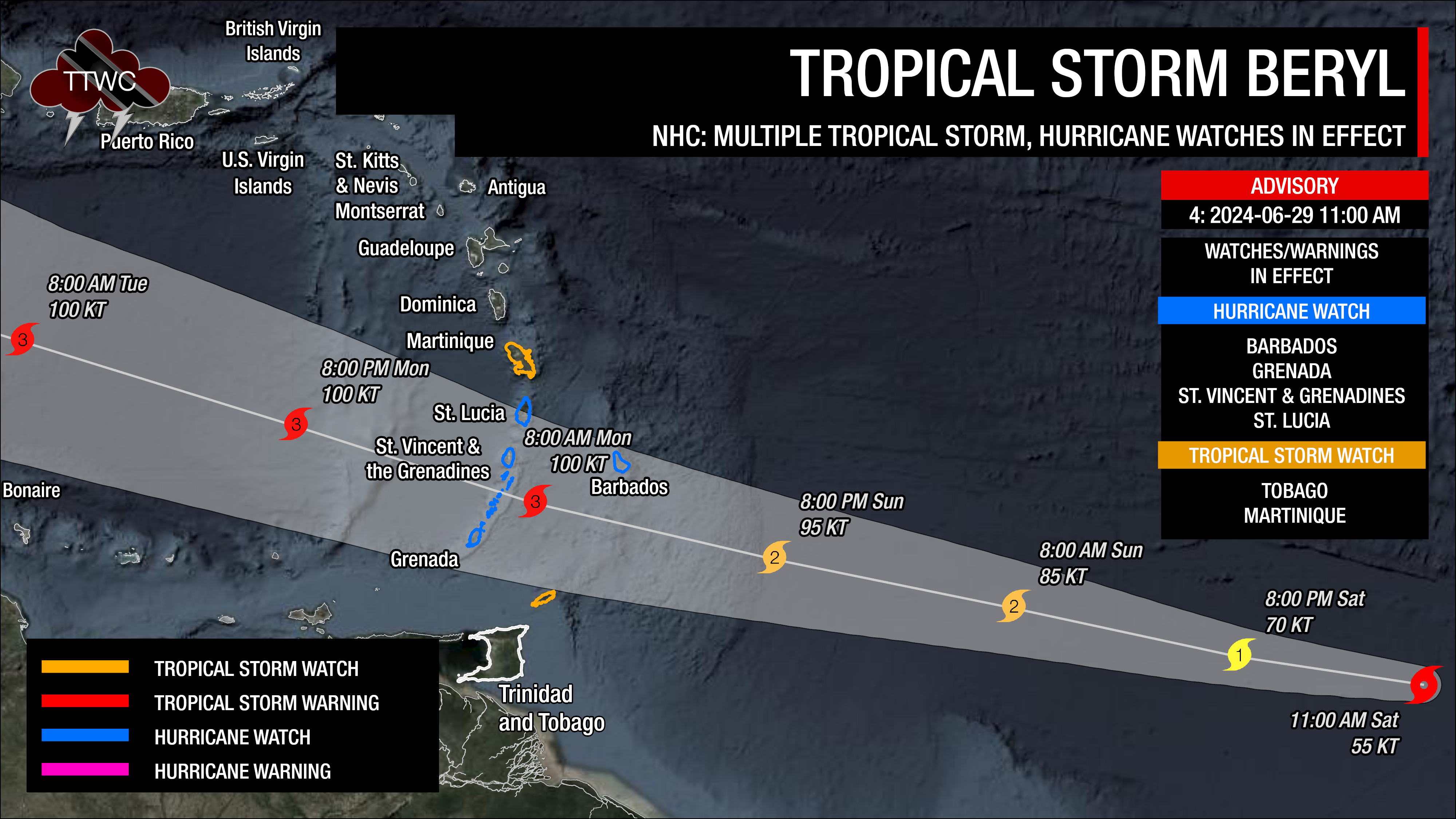 Latest tropical storm and hurricane watches and warnings for the Windward Islands due to Tropical Storm Beryl as of 11:00 AM Saturday, June 29th, 2024.