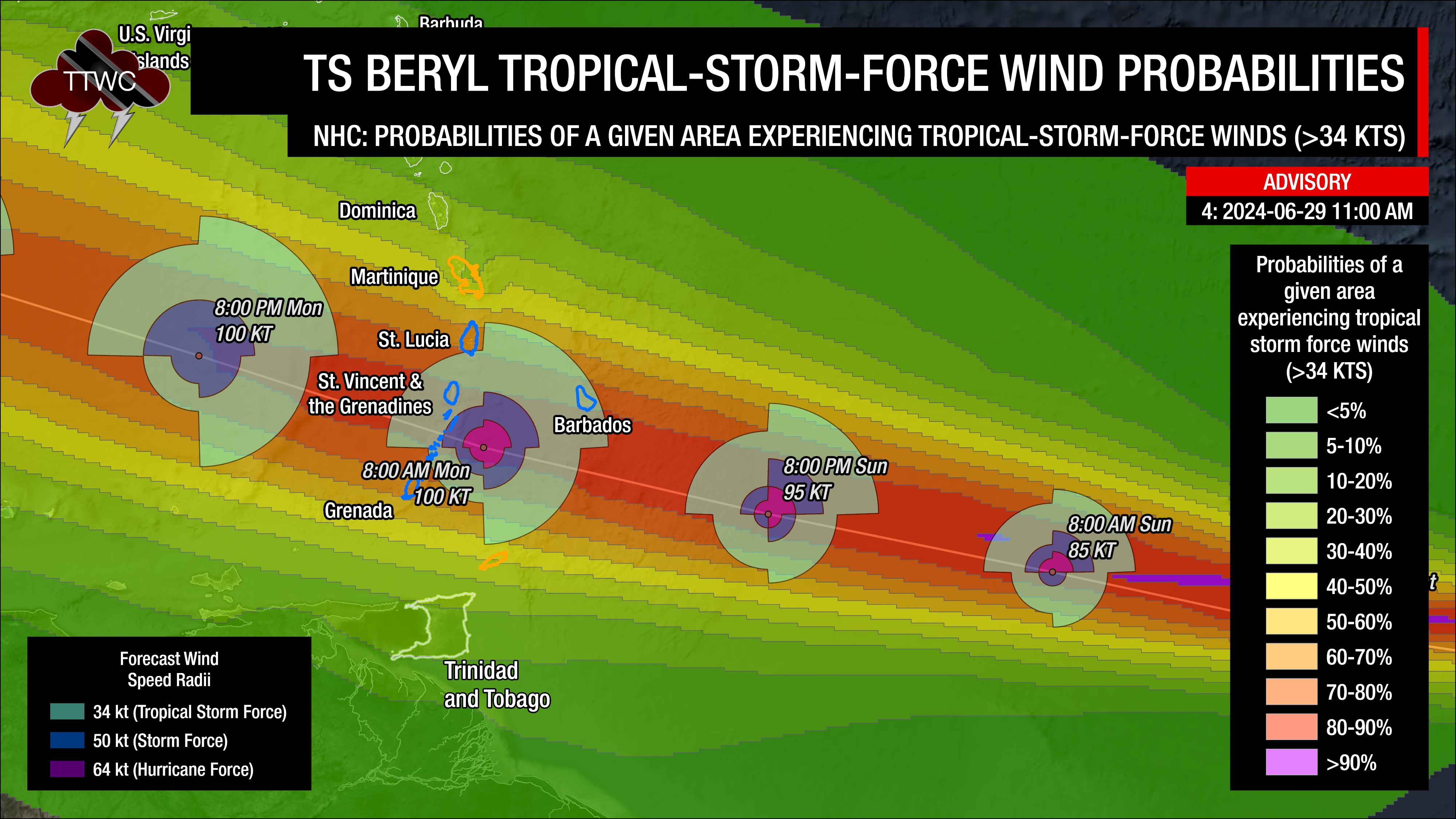 Probability of a given area experiencing tropical-storm-force winds due to Tropical Storm Beryl as of 11:00 AM Saturday, June 29th, 2024 (Data: National Hurricane Center)