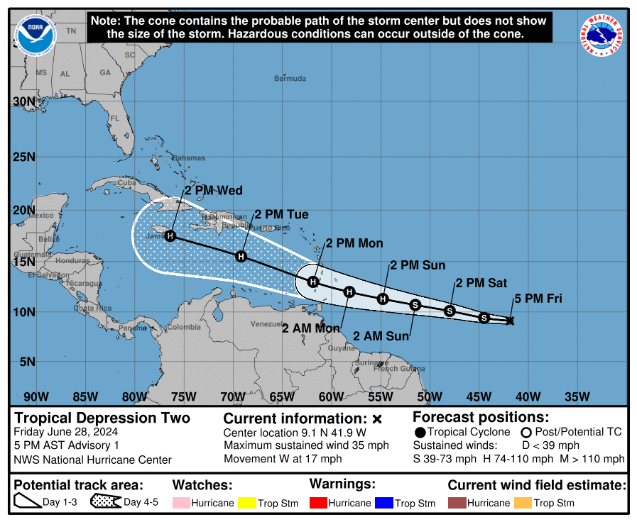 Latest cone of uncertainty from the National Hurricane Center for Tropical Depression Two as of 5:00 PM Friday, June 28th, 2024.