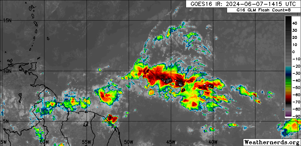 Infrared satellite imagery showed the three closest tropical waves to Trinidad and Tobago on Friday, June 7th, 2024. These waves interacting with the Intertropical Convergence Zone caused widespread scattered showers and thunderstorms.