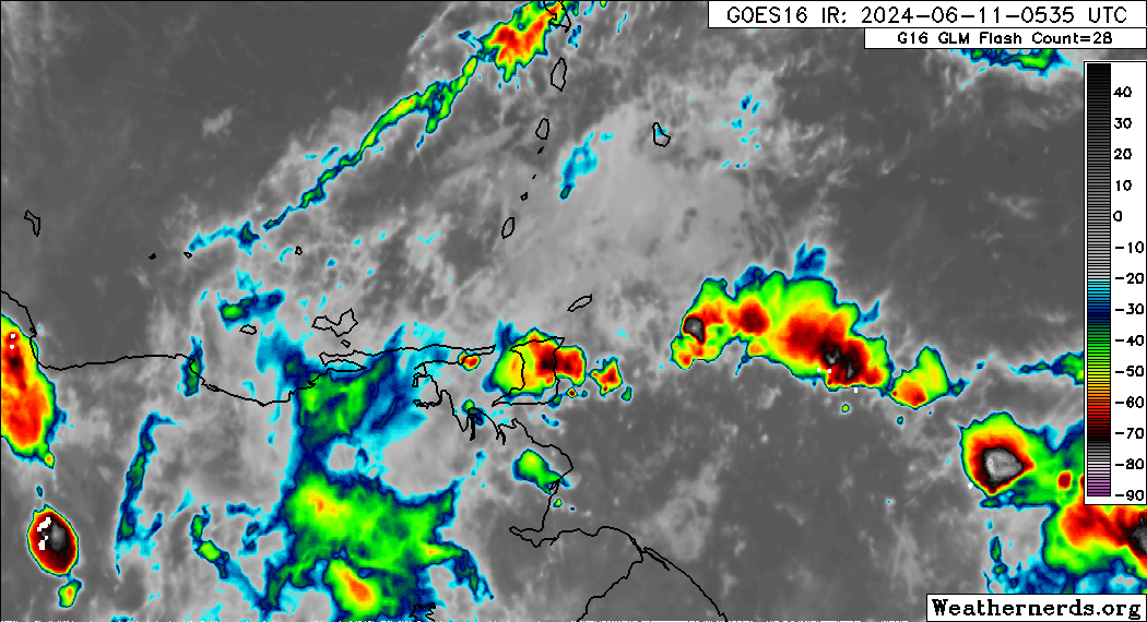 Widely scattered showers and thunderstorms associated with Tropical Wave 07 move across Trinidad and Tobago on Tuesday morning.