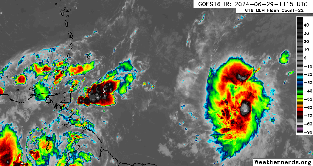 Tropical Storm Beryl east of the Lesser Antilles on Saturday afternoon, June 29th, 2024. (Weathernerds.org)