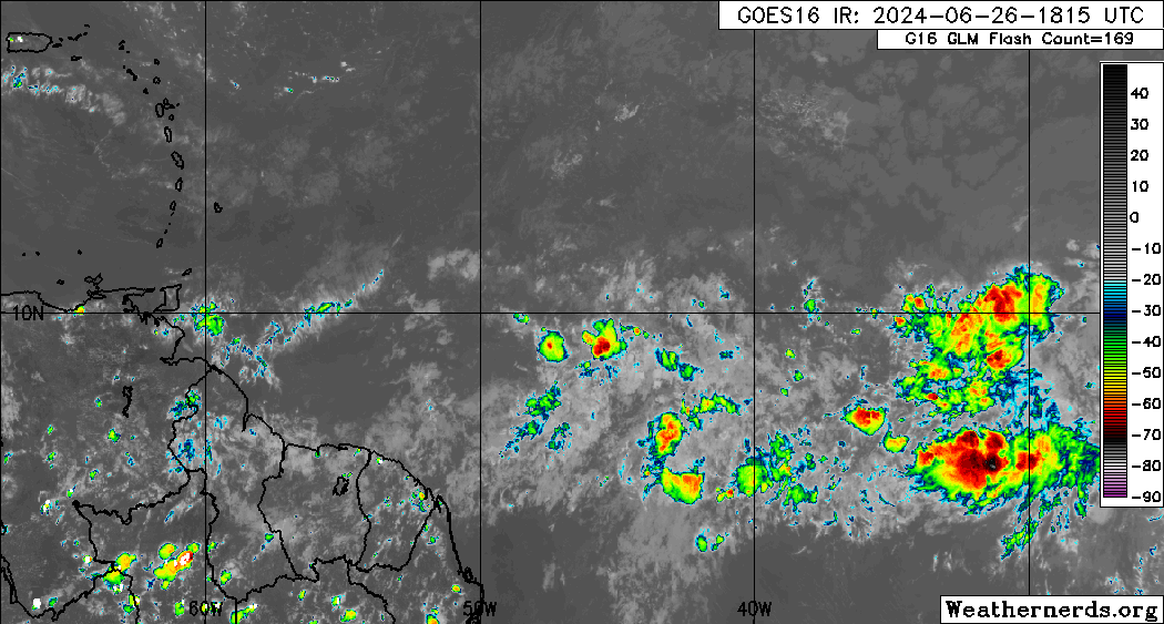 Tropical Wave 16/Invest 95L east of the Lesser Antilles on Wednesday, June 26th, 2024. (Weathernerds.org)