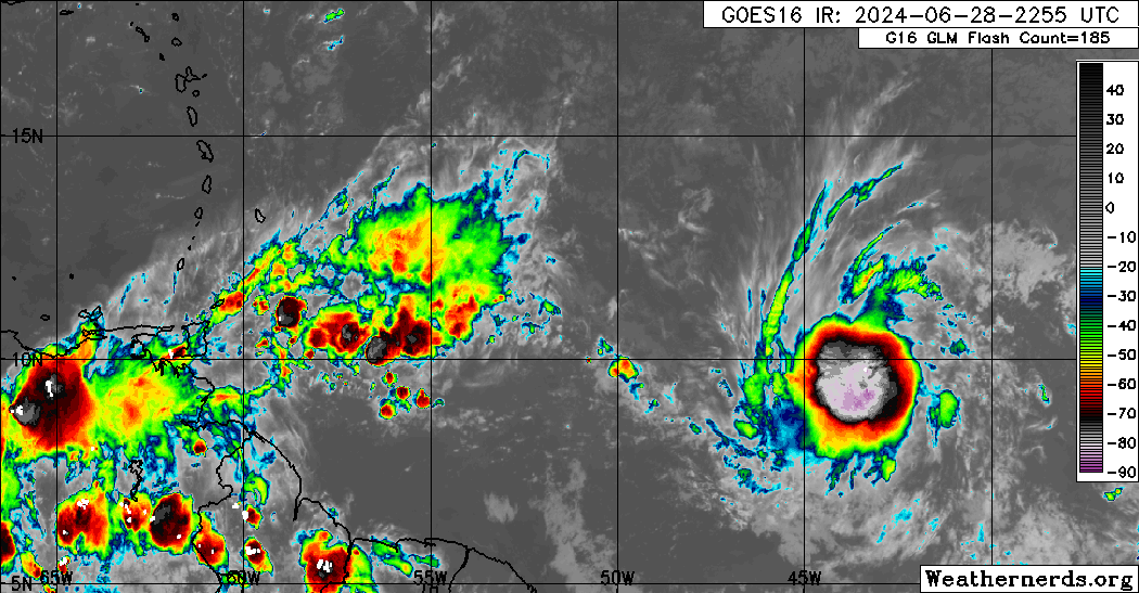 Tropical Storm Beryl east of the Lesser Antilles on Friday, June 28th, 2024. (Weathernerds.org)
