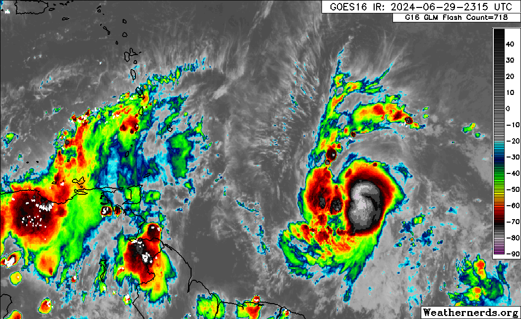 Hurricane Beryl east of the Lesser Antilles on Saturday night, June 29th, 2024. (Weathernerds.org)