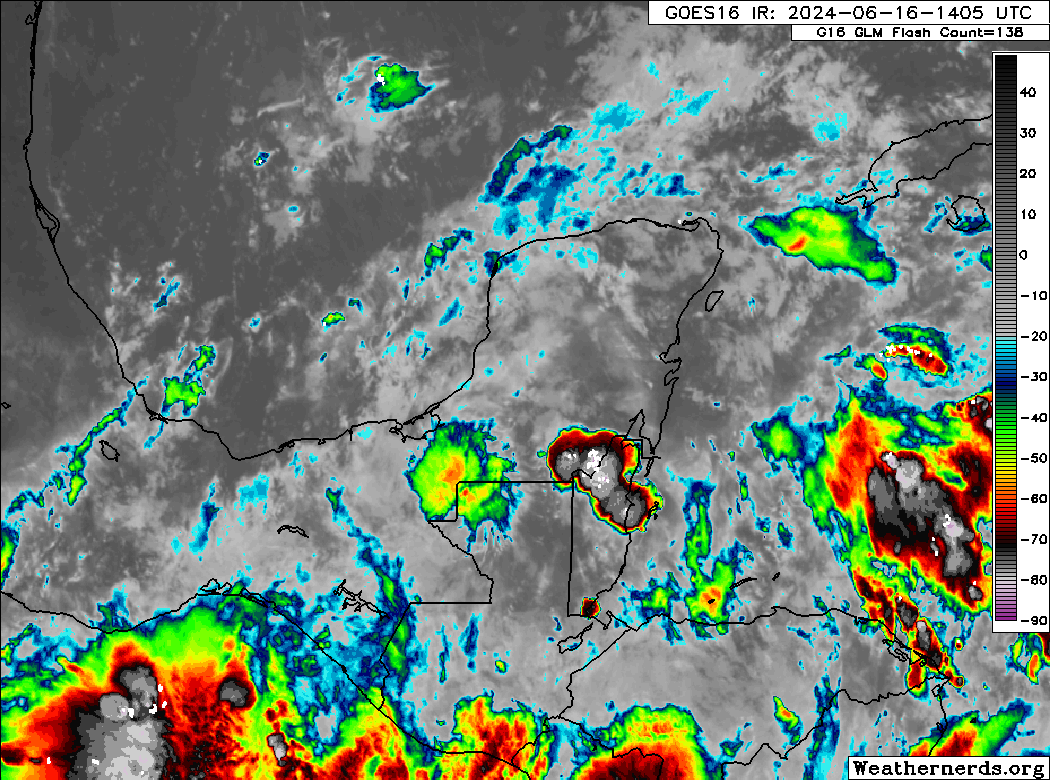 Disorganized showers and thunderstorms across the Yucatan Peninsula, moving into the Gulf of Mexico on Sunday afternoon.