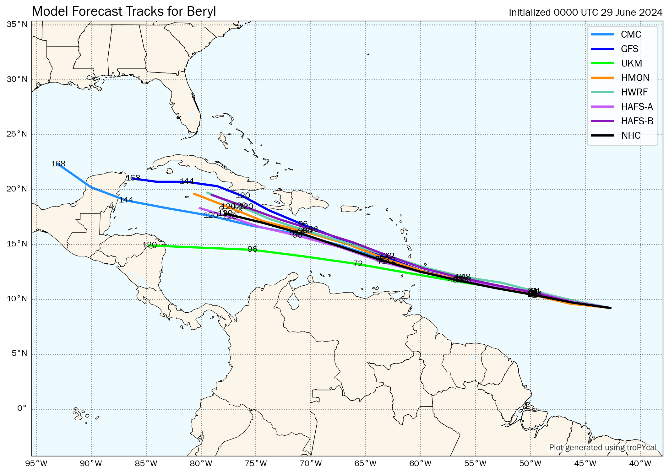 00Z Saturday, June 29th, 2024, deterministic and hurricane model guidance for Tropical Storm Beryl, showing clustered eventual tracks from the top leading global and hurricane models. (Tomer Burg)