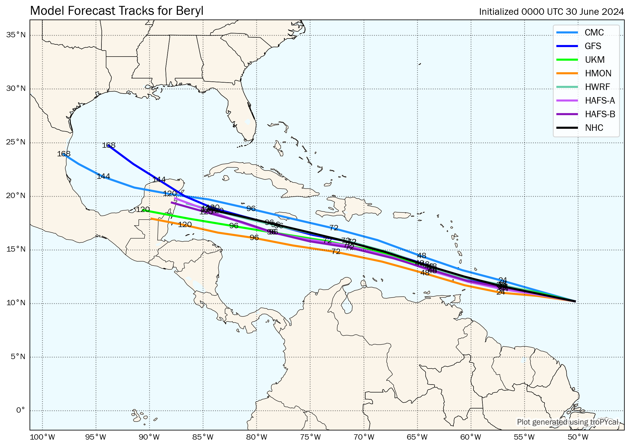 00Z Sunday, June 30th, 2024, deterministic and hurricane model guidance for Tropical Storm Beryl, showing clustered eventual tracks from the top leading global and hurricane models. (Tomer Burg)