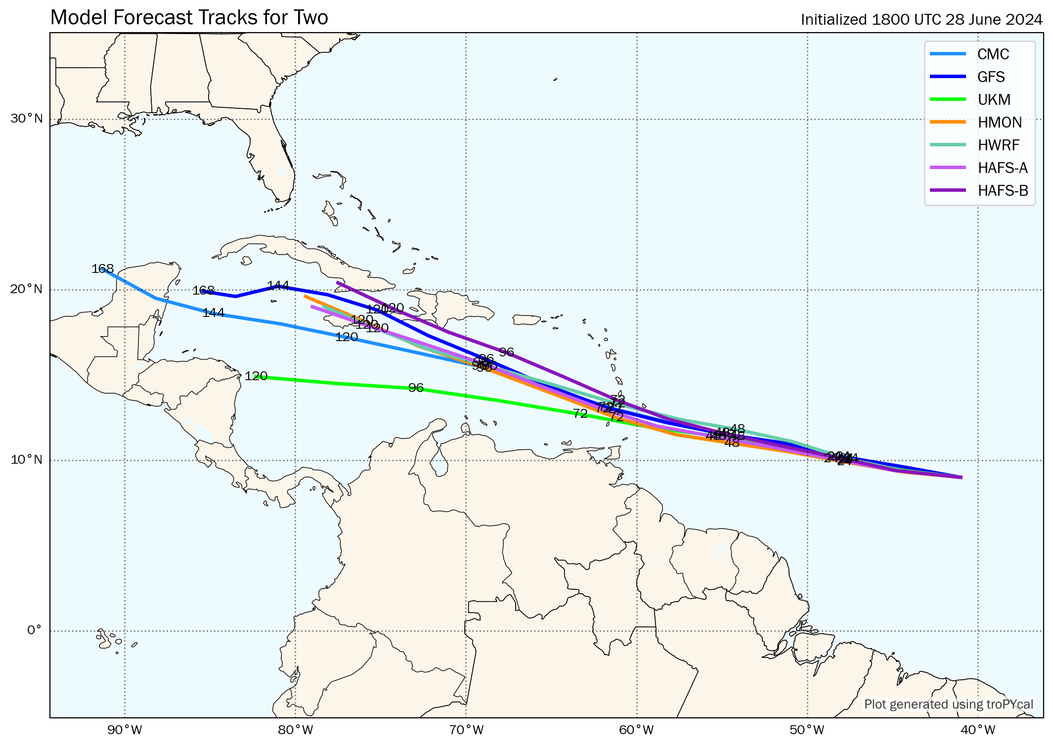 12Z Friday, June 28th, 2024, deterministic and hurricane model guidance for Tropical Depression Two, showing clustered eventual tracks from the top leading global and hurricane models. (Tomer Burg)