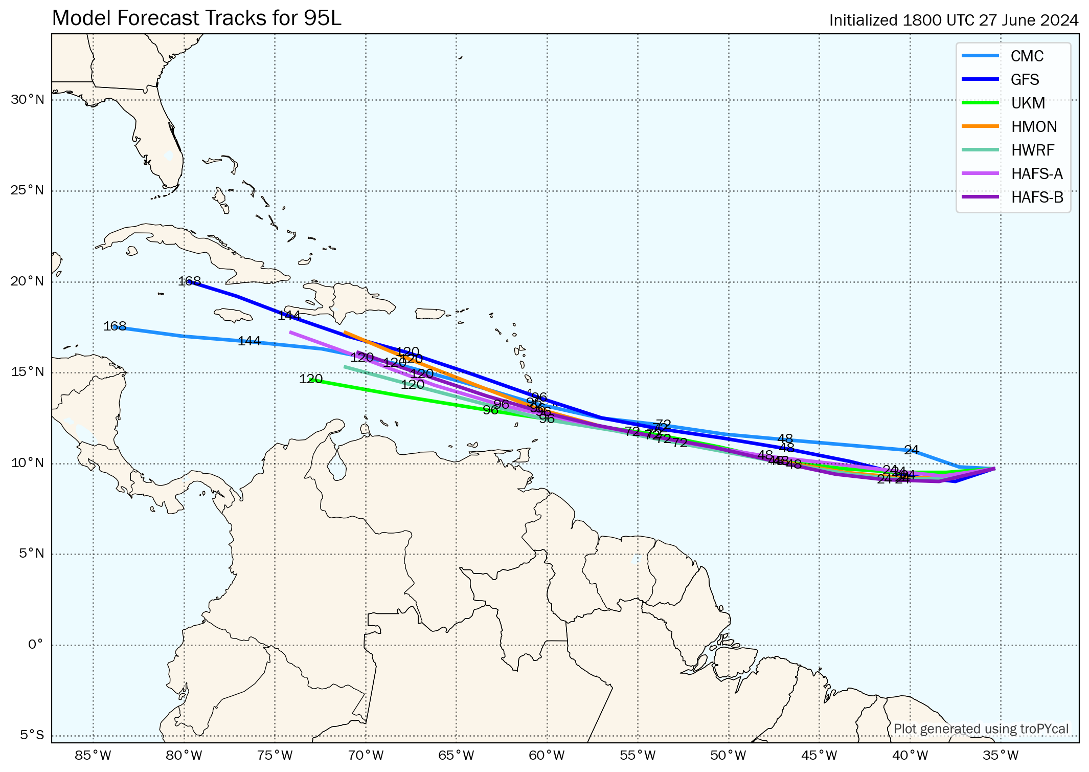 12Z Thursday, June 27th, 2024, deterministic and hurricane model guidance for Invest 95L, showing clustered eventual tracks from the top leading global and hurricane models. (Tomer Burg)