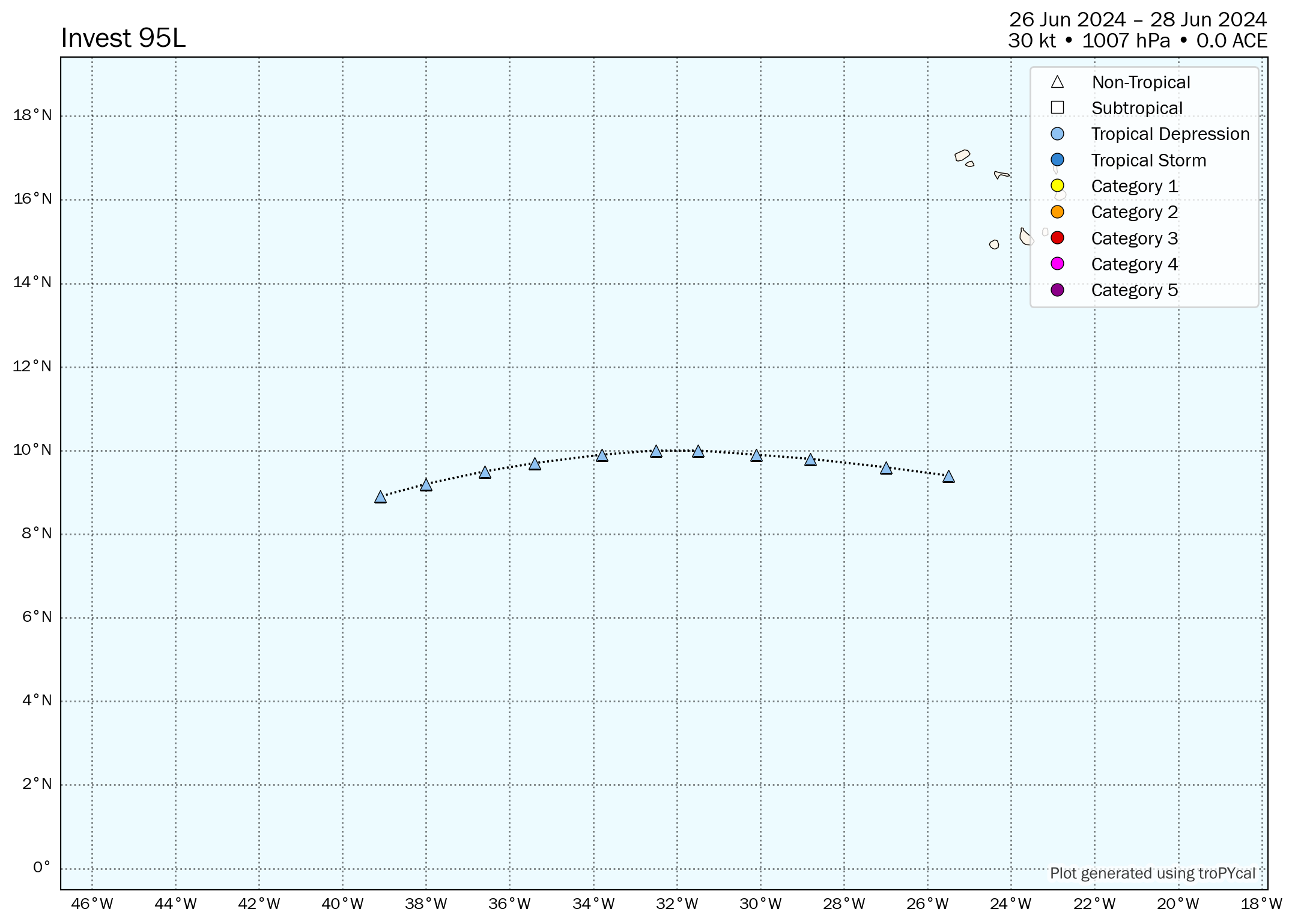 Past center fixes of Invest 95L over the last few days, as of 10:00 AM Friday, June 28th, 2024 (Tomer Burg)