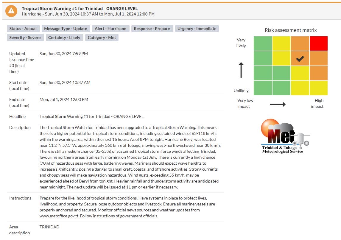 Tropical Storm Warning information from the Trinidad and Tobago Meteorological Service