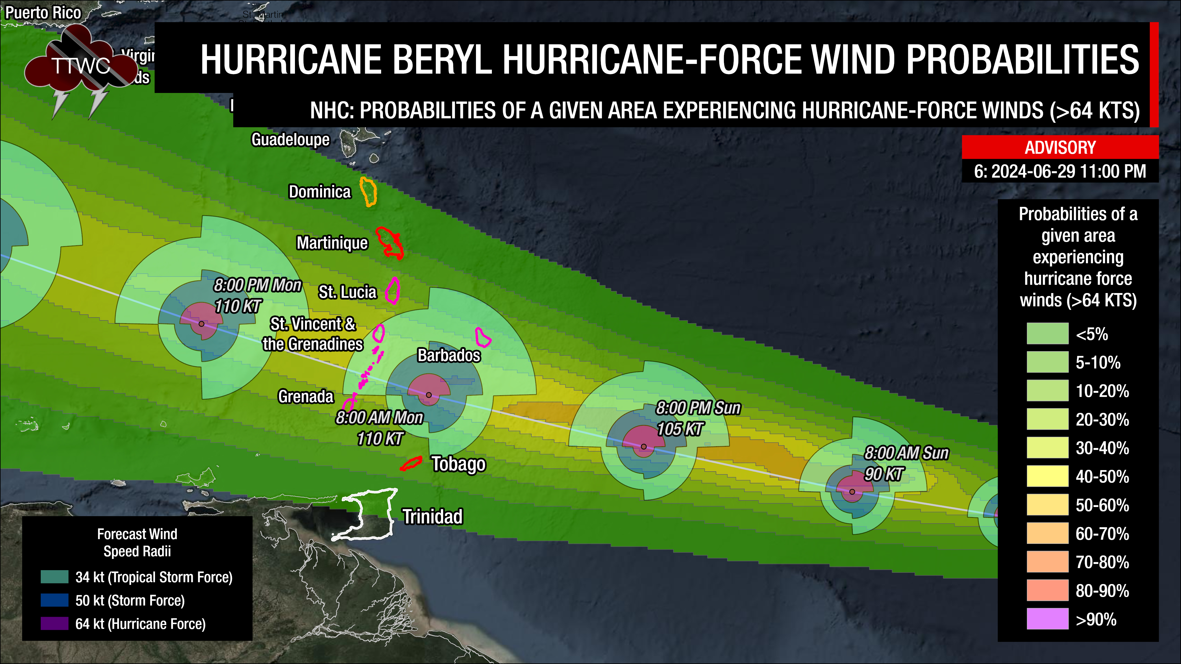 Probability of a given area experiencing hurricane-force winds due to Hurricane Beryl as of 11:00 PM Saturday, June 29th, 2024 (Data: National Hurricane Center)