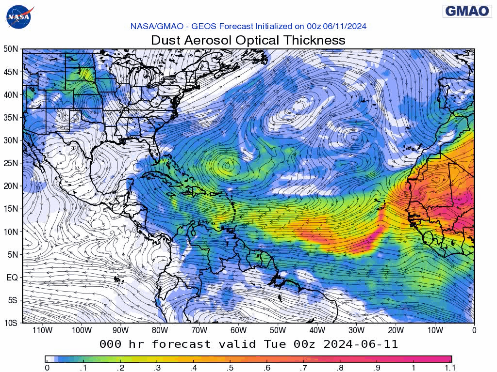00Z Tuesday, June 11th, 2024, NASA GEOS-5 Dust Extinction Monitoring Tropical Atlantic Dust Aerosol Optical Depth showing Saharan Dust.