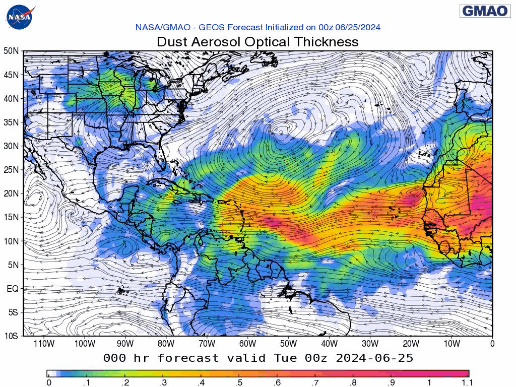 00Z Tuesday, June 25th, 2024, NASA GEOS-5 Dust Extinction Monitoring Tropical Atlantic Dust Aerosol Optical Depth showing Saharan Dust.