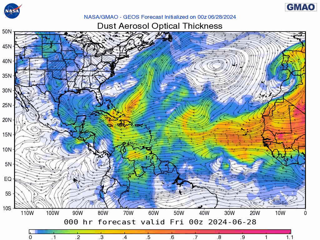 00Z Friday, June 28th, 2024, NASA GEOS-5 Dust Extinction Monitoring Tropical Atlantic Dust Aerosol Optical Depth showing Saharan Dust.