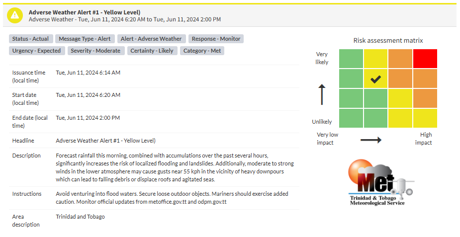 Adverse Weather Alert information from the Trinidad and Tobago Meteorological Service
